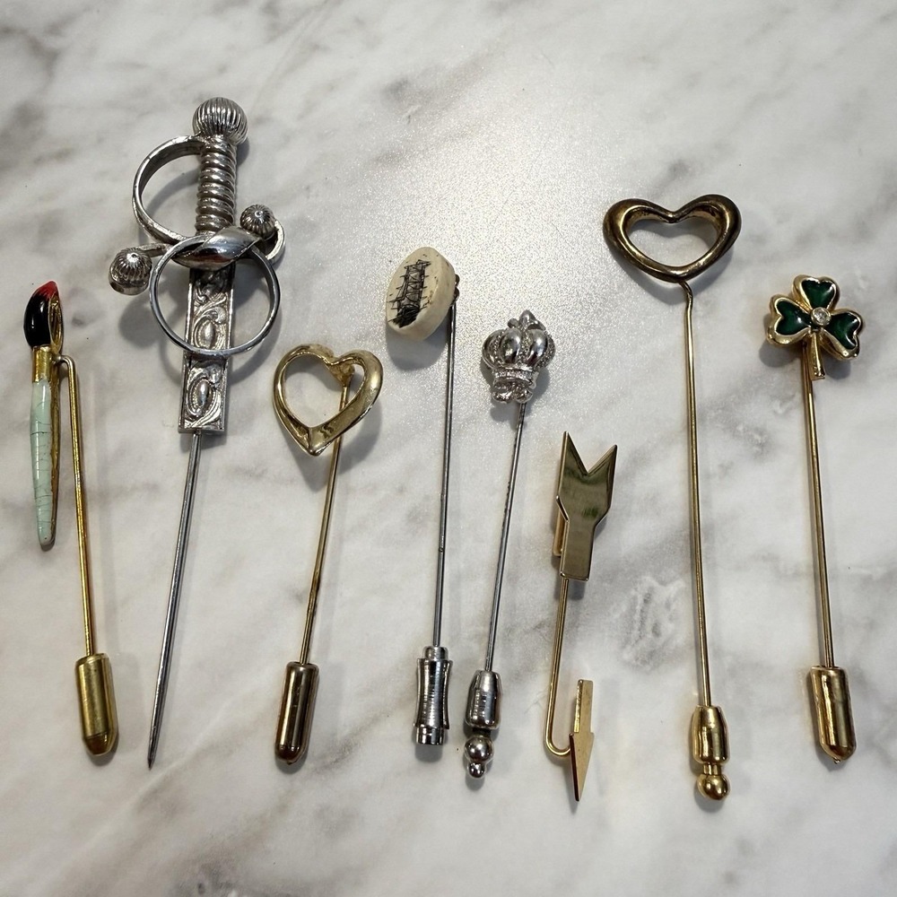 Lot of 8 Vintage Stick Pins Monet Crown Heart Clover Ornate Paintbrush